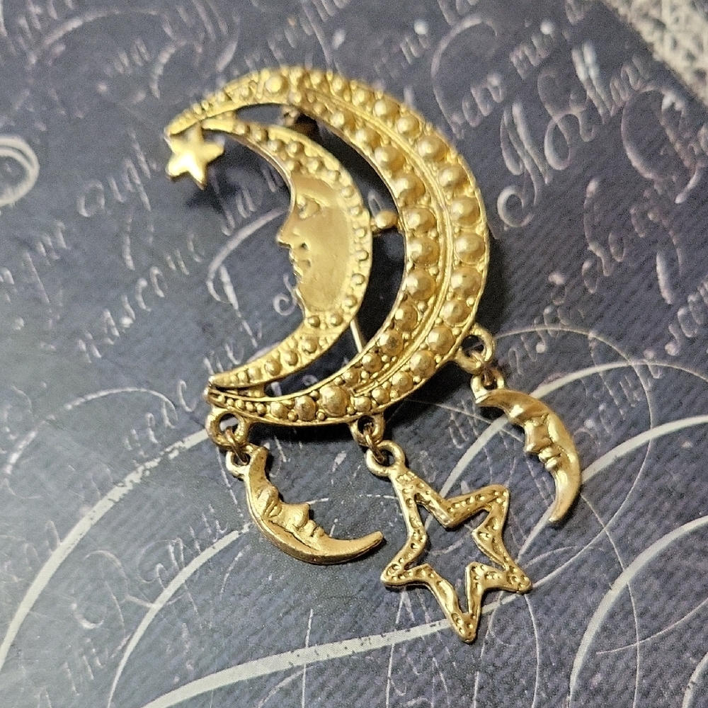 Gold Moon & Star Dangle Pendant Necklace